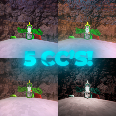Animated character with glowing text '5 CC's in a cave-like setting